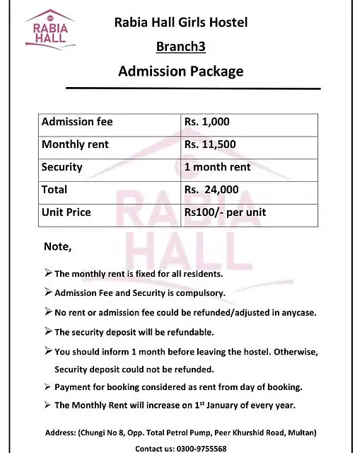 Rabia Hall Branch 3 · Chungi No. 8 admission package and fee sheet