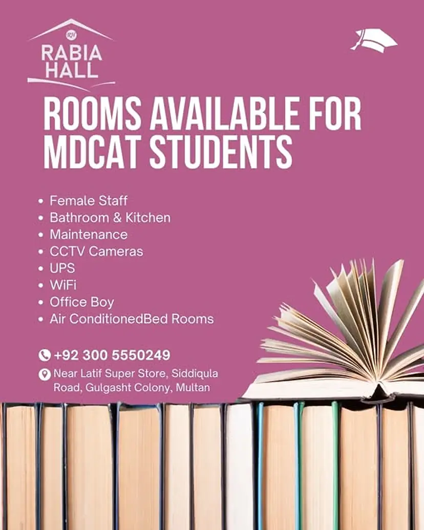 Rooms available for MDCAT students at Rabia Hall Multan